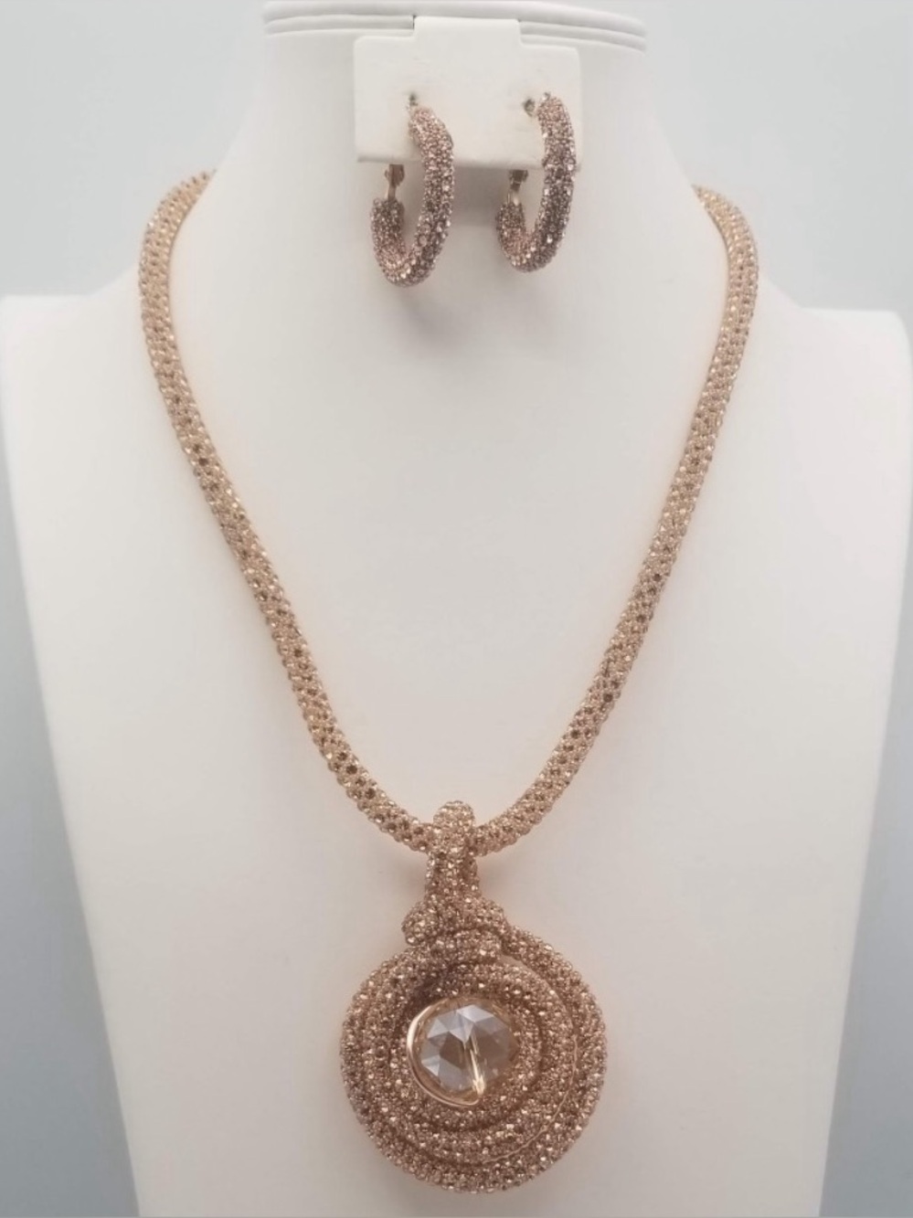 Rose Gold Crystal Pendant Necklace with Matching Hoop Earrings